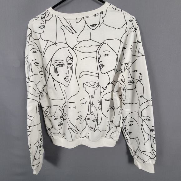 Abstract Face Line Art Print Sweatshirt White Graphic Crewneck Medium - Picture 1 of 6